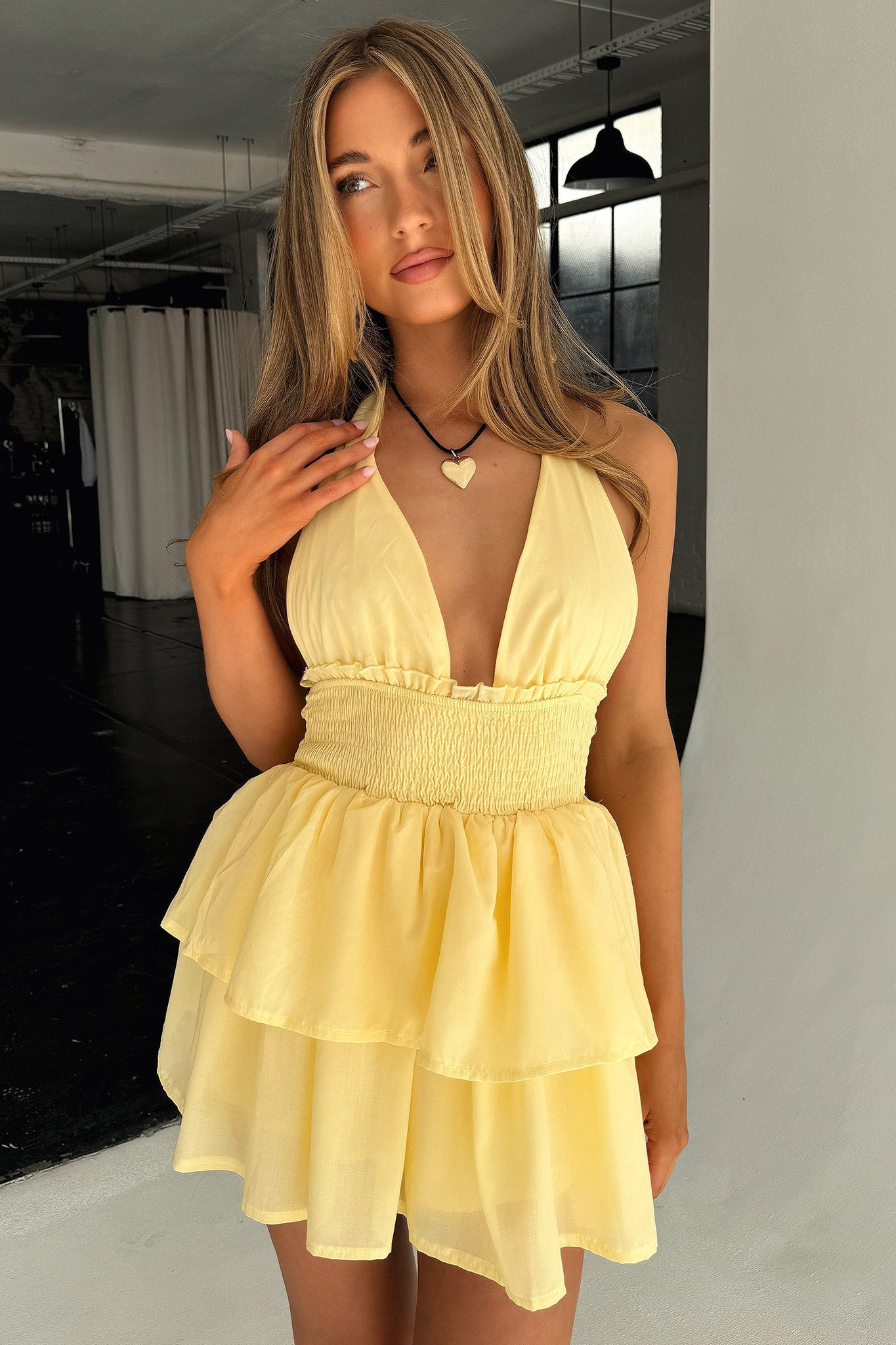 April Tiered Halter Mini Dress - Yellow