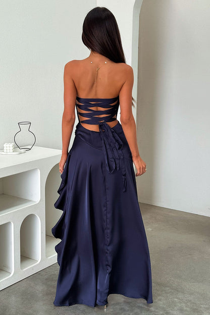 Carly Strapless Satin Maxi Dress - Navy