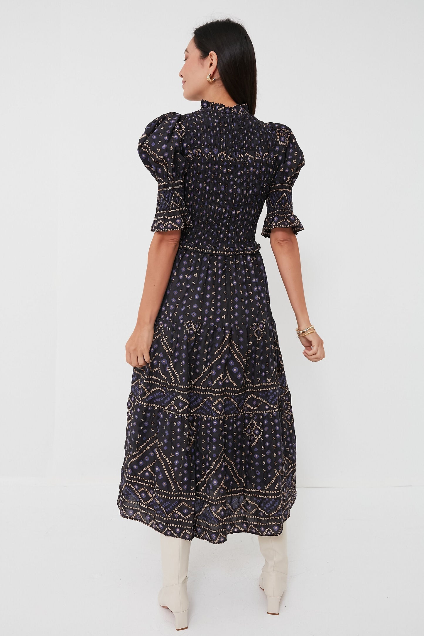Blue Delphine Pucker Cotton Puff Sleeve Smocked Dress