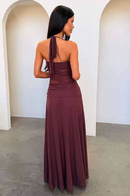 Gabrielle Halterneck Mesh Maxi Dress - Brown