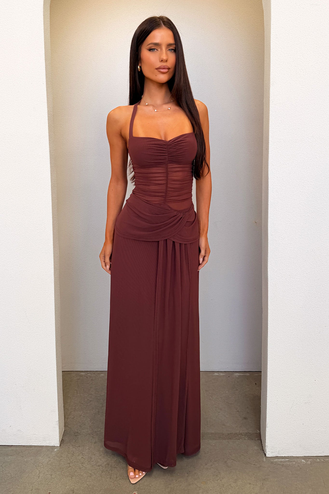 Gabrielle Halterneck Mesh Maxi Dress - Brown