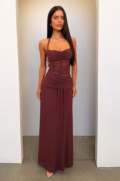 Gabrielle Halterneck Mesh Maxi Dress - Brown