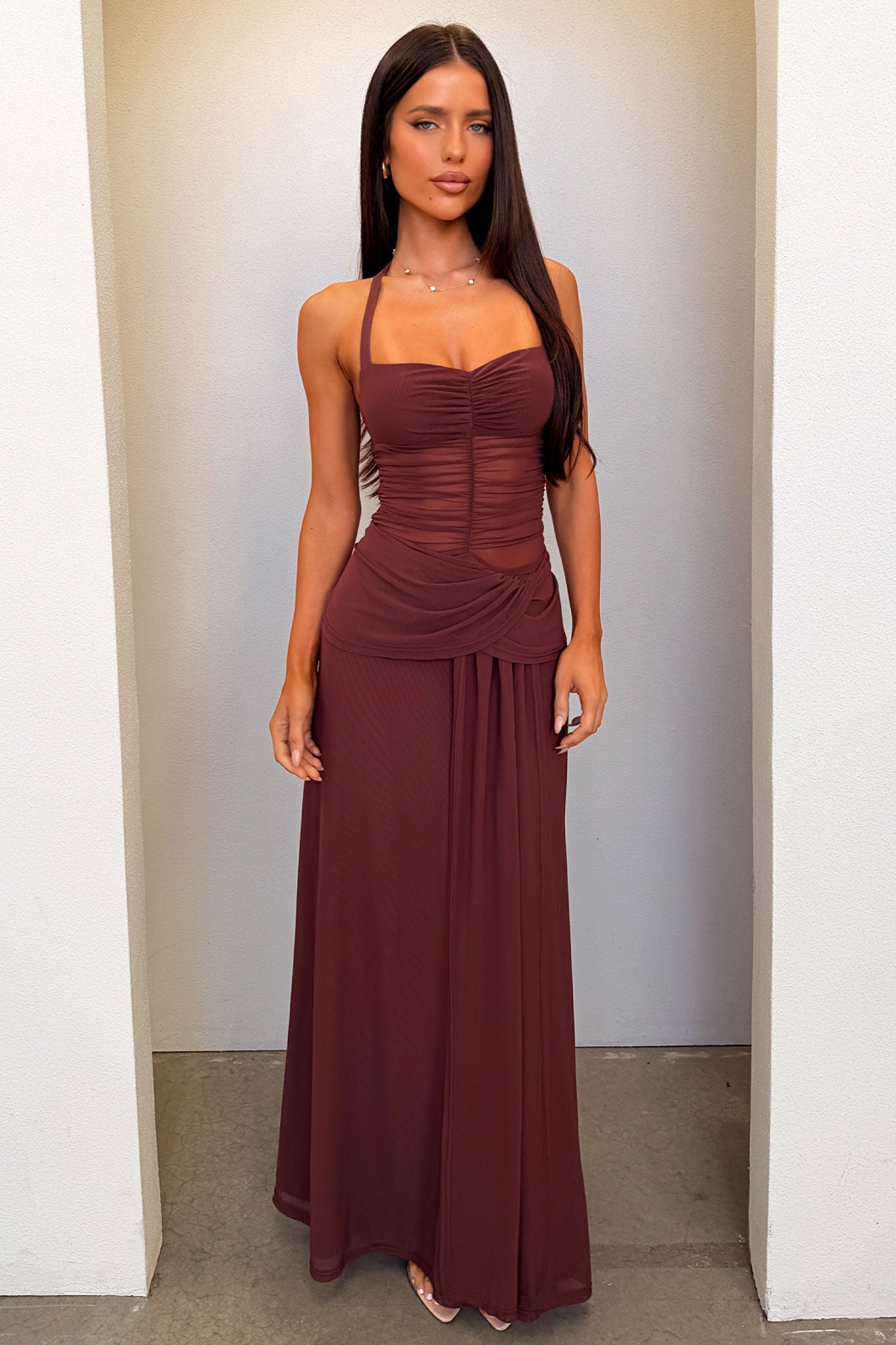 Gabrielle Halterneck Mesh Maxi Dress - Brown