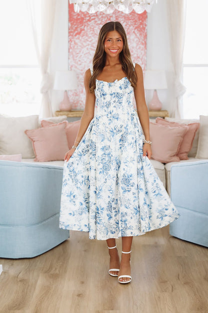 All My Life Midi Dress - Blue and White