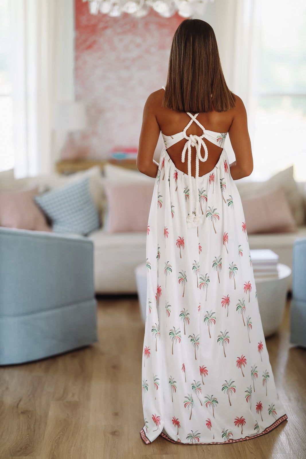 Hawaiian Luau Maxi Dress - White, Pink and Green