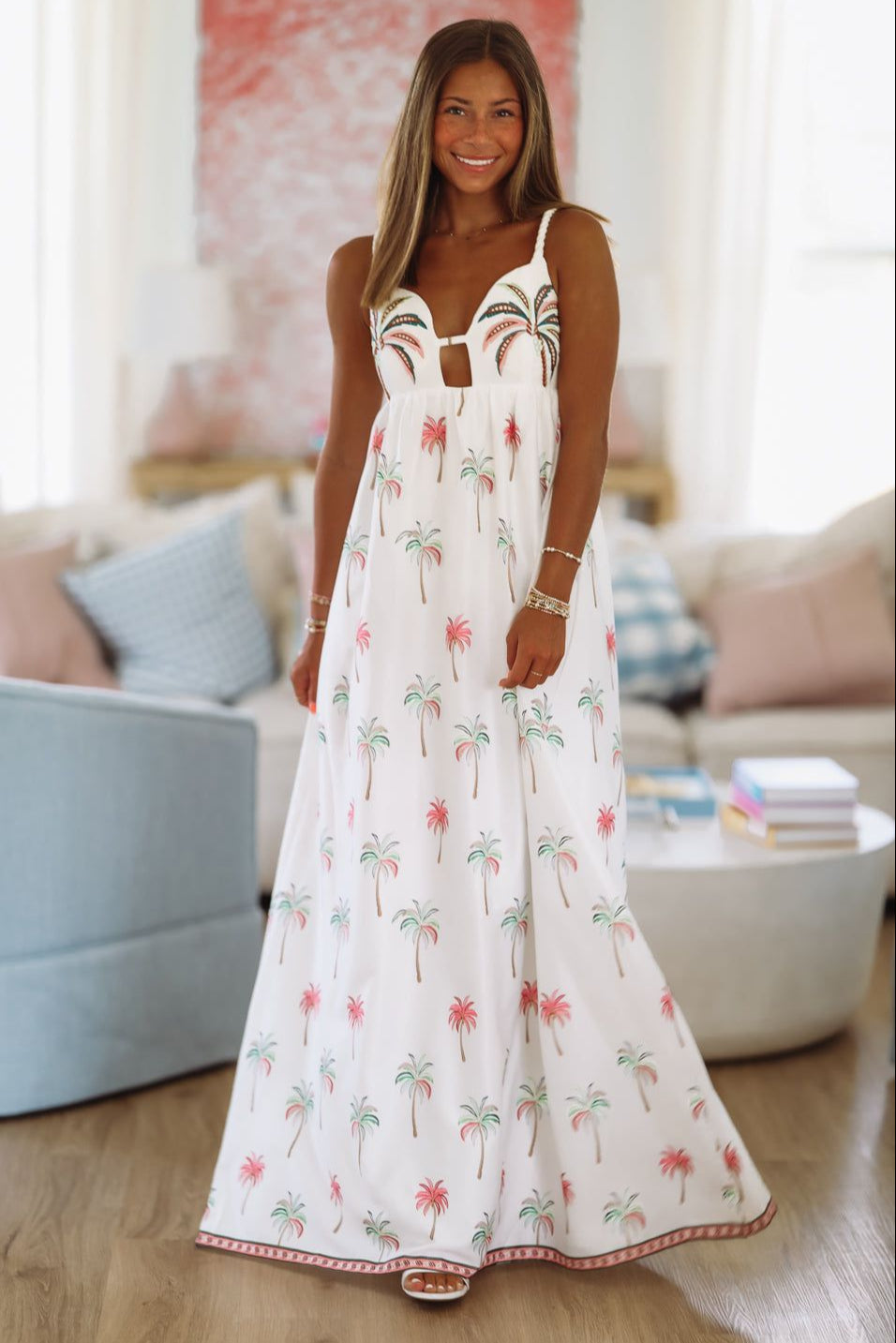 Hawaiian Luau Maxi Dress - White, Pink and Green