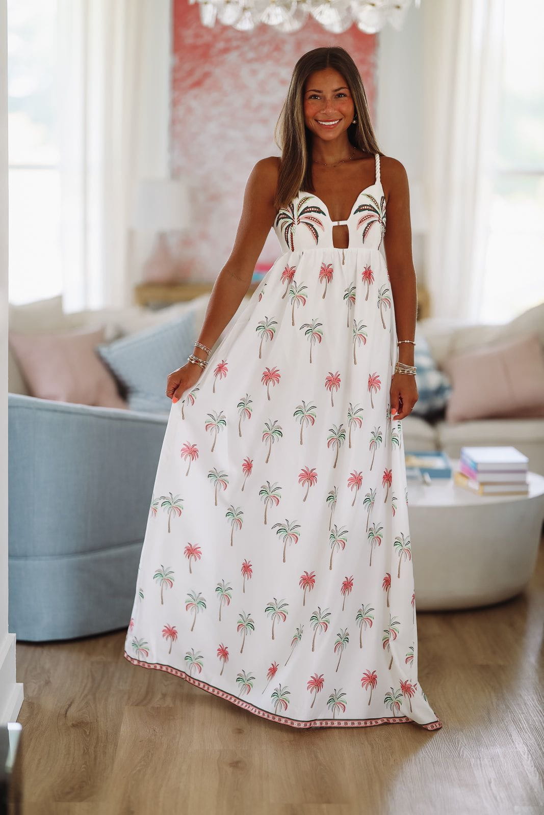 Hawaiian Luau Maxi Dress - White, Pink and Green
