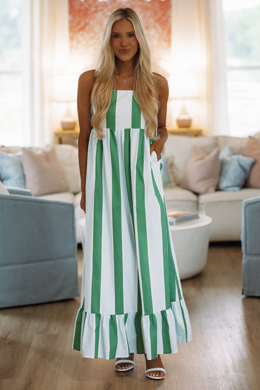 Coast Line Stripe Maxi Dress - Green, White and Blue