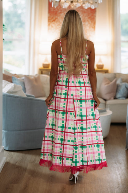 Grid & Fringe Maxi Dress - Pink, White and Green