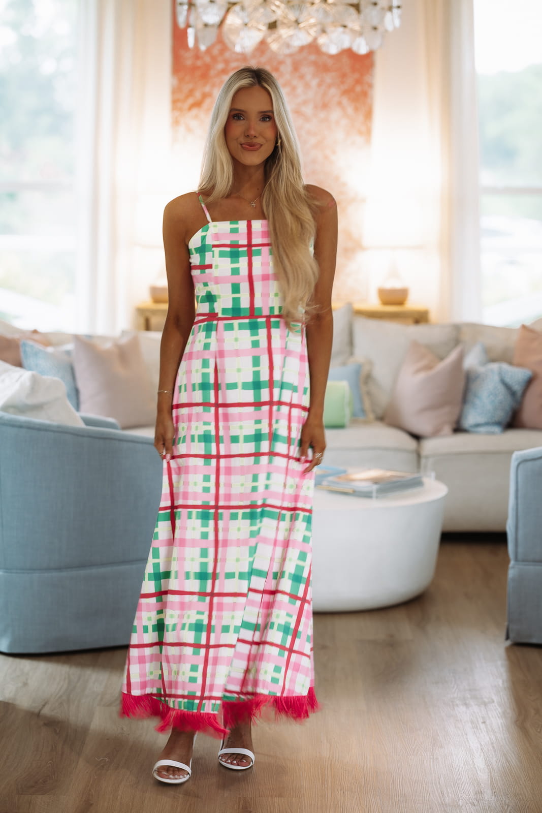Grid & Fringe Maxi Dress - Pink, White and Green