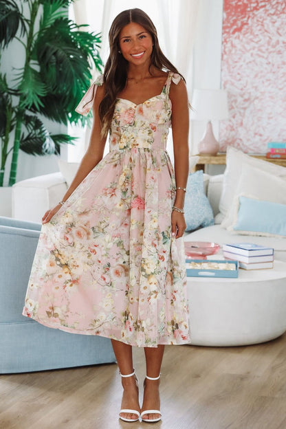 Keep the Flowers Midi Dress - Blush, Cream and Green