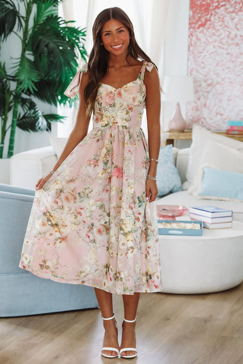 Keep the Flowers Midi Dress - Blush, Cream and Green
