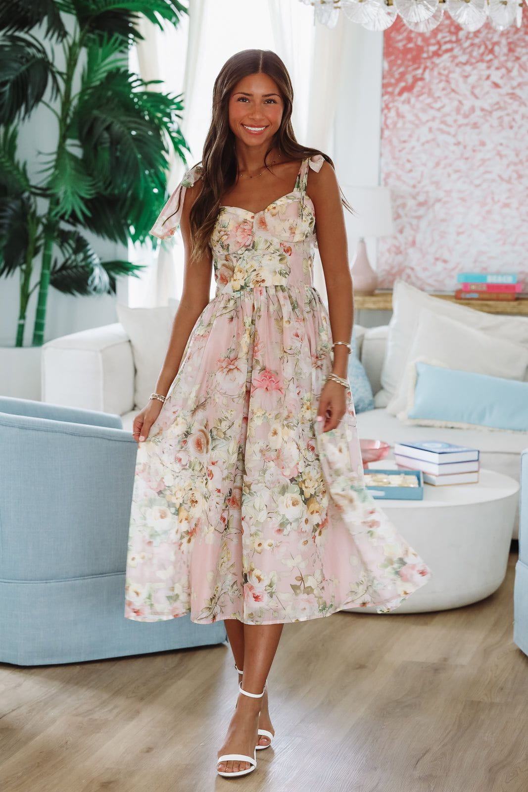 Keep the Flowers Midi Dress - Blush, Cream and Green