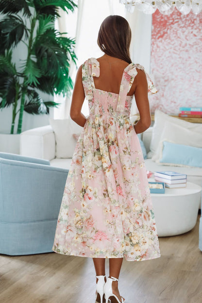 Keep the Flowers Midi Dress - Blush, Cream and Green