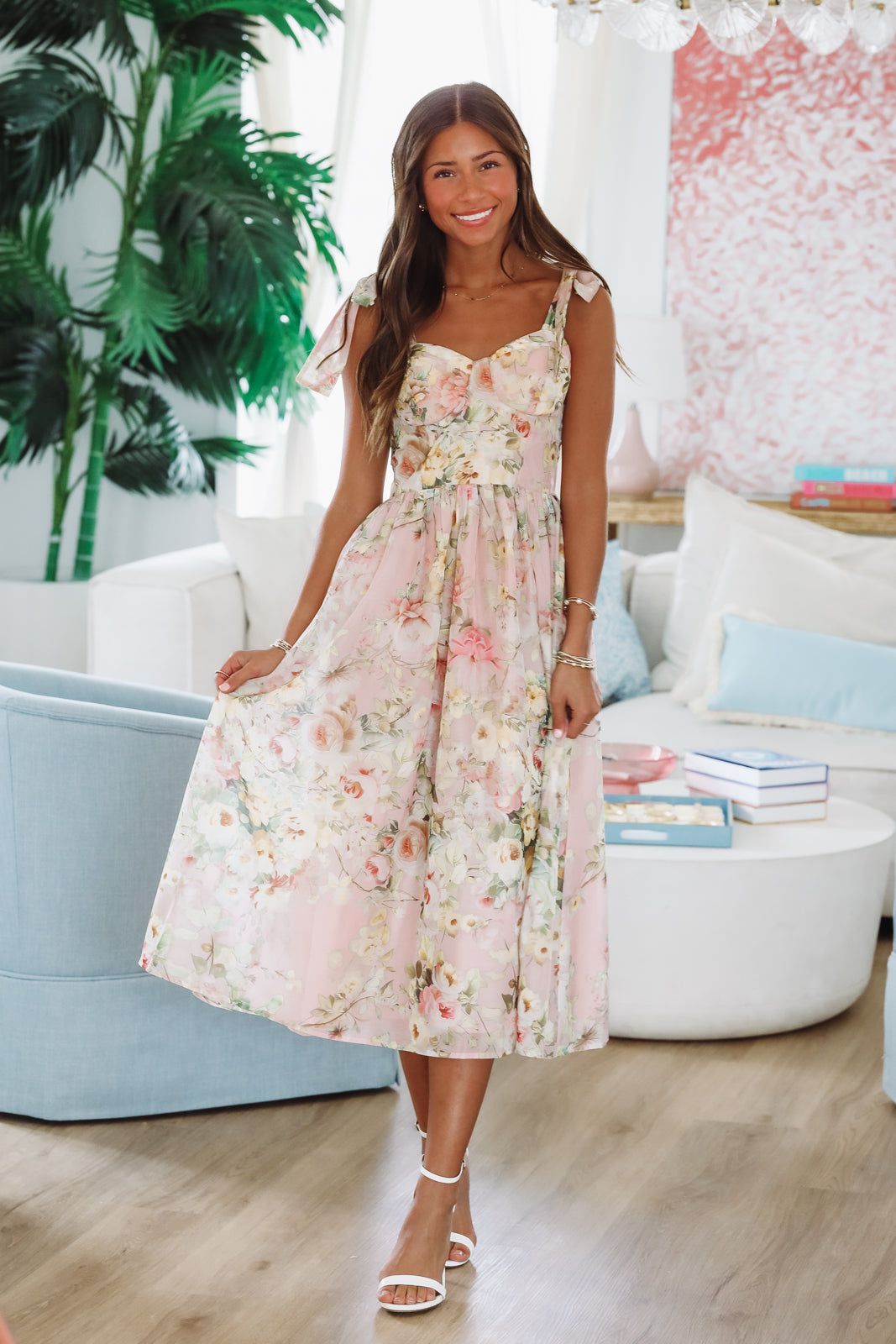 Keep the Flowers Midi Dress - Blush, Cream and Green