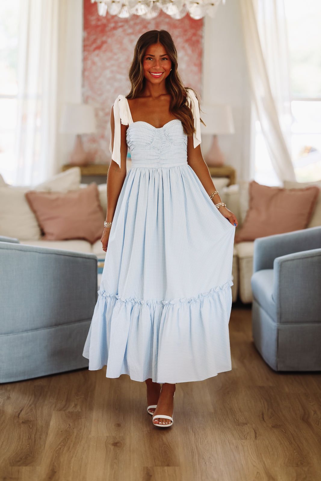 Beneath the Beach House Lights Midi Dress - Blue and White