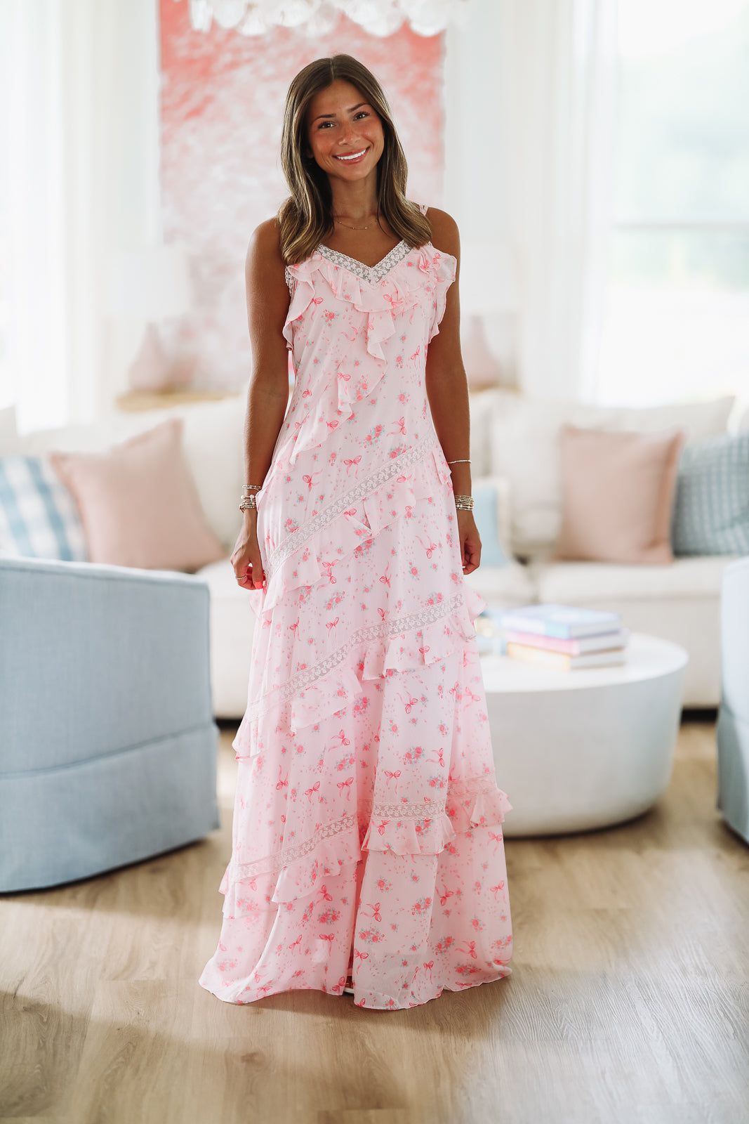 Roses and Bows Maxi Dress - Pink
