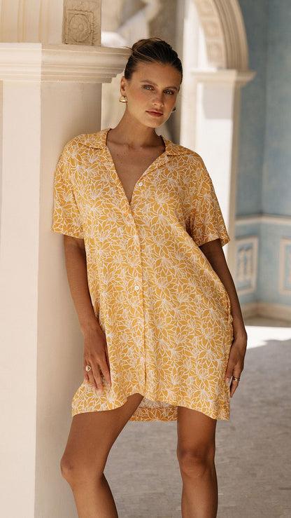 Button Down Mini Shirt Dress Azuris - Lysoria Yellow