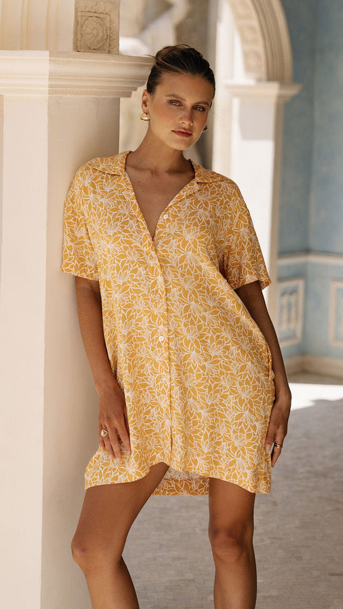 Button Down Mini Shirt Dress Azuris - Lysoria Yellow