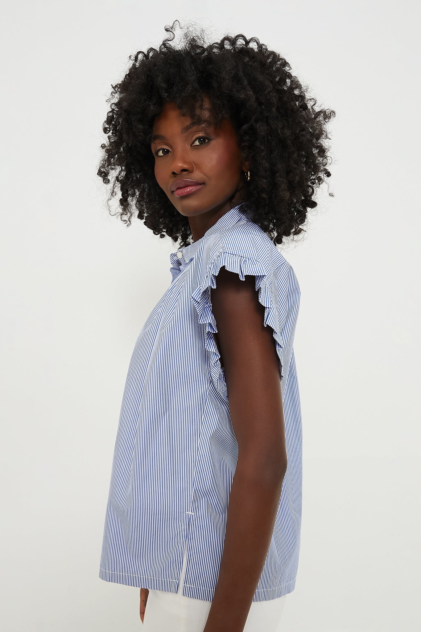 Blue and White Stripe Marianne B Ruffle Sleeve Shirt