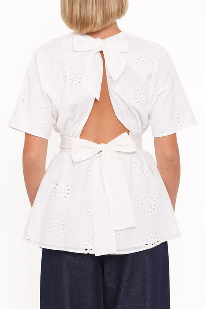 Carmel Tie Back Tunic Top - White Embroidery