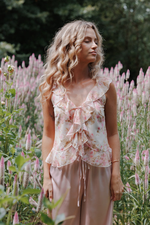 Ismena Tie Front Top - Blurred Pink Floral