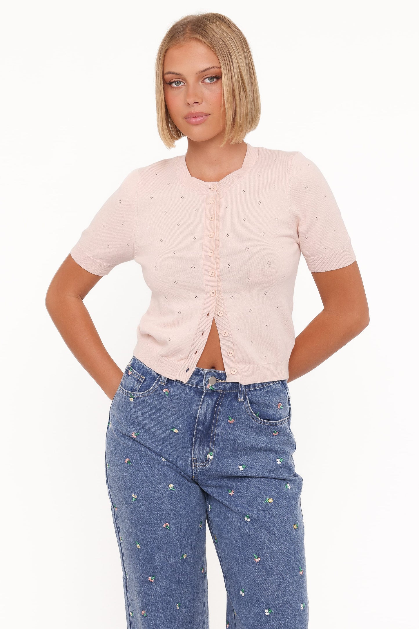 Monae Pointelle Button Up Top - Pink