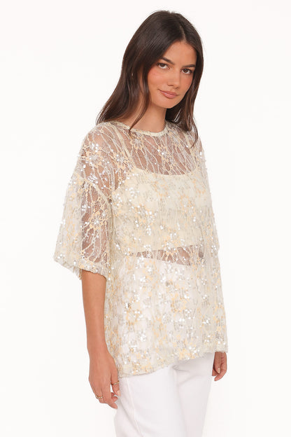 Yonder Sheer Lace Tee Top - Pale Yellow