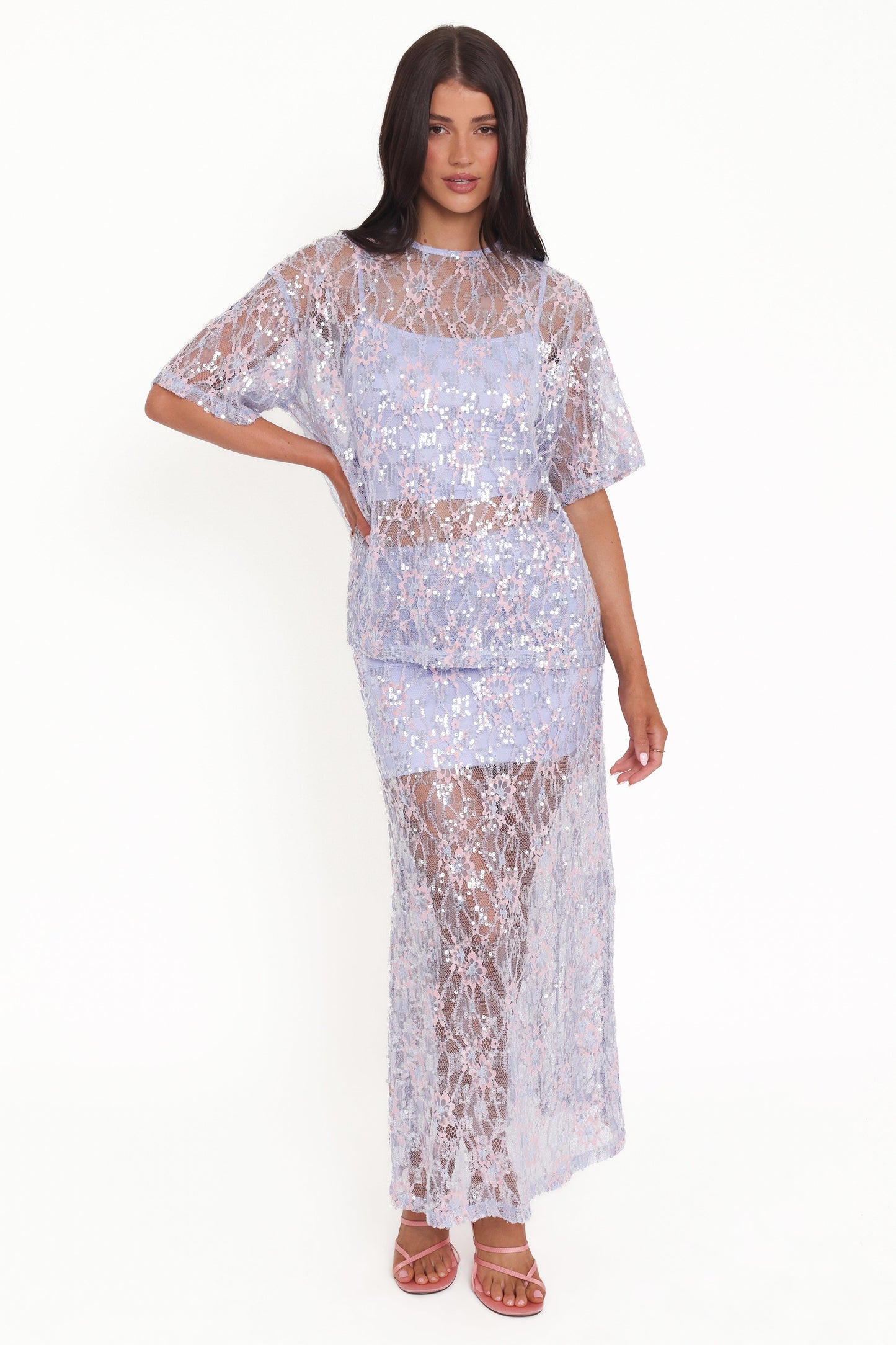 Yonder Sheer Lace Tee Top - Purple