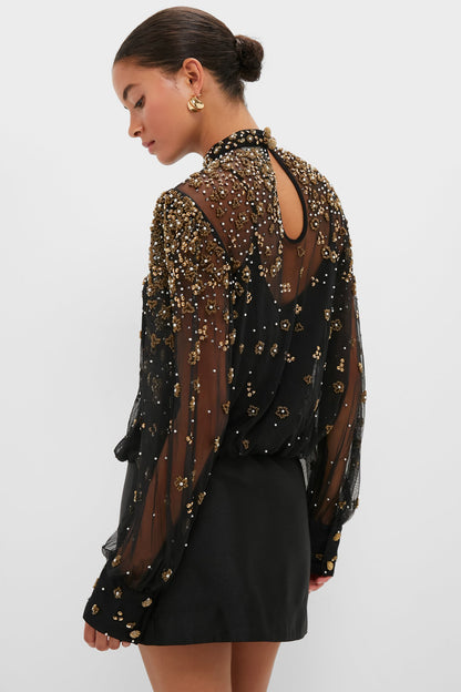 Black Embroidered Bubble Tulle Blouse