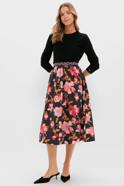 Black & Shades of Pink Floral Embroidered Sia Maxi Skirt