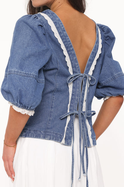 Merli Denim Open Back Top - Blue Medium Wash