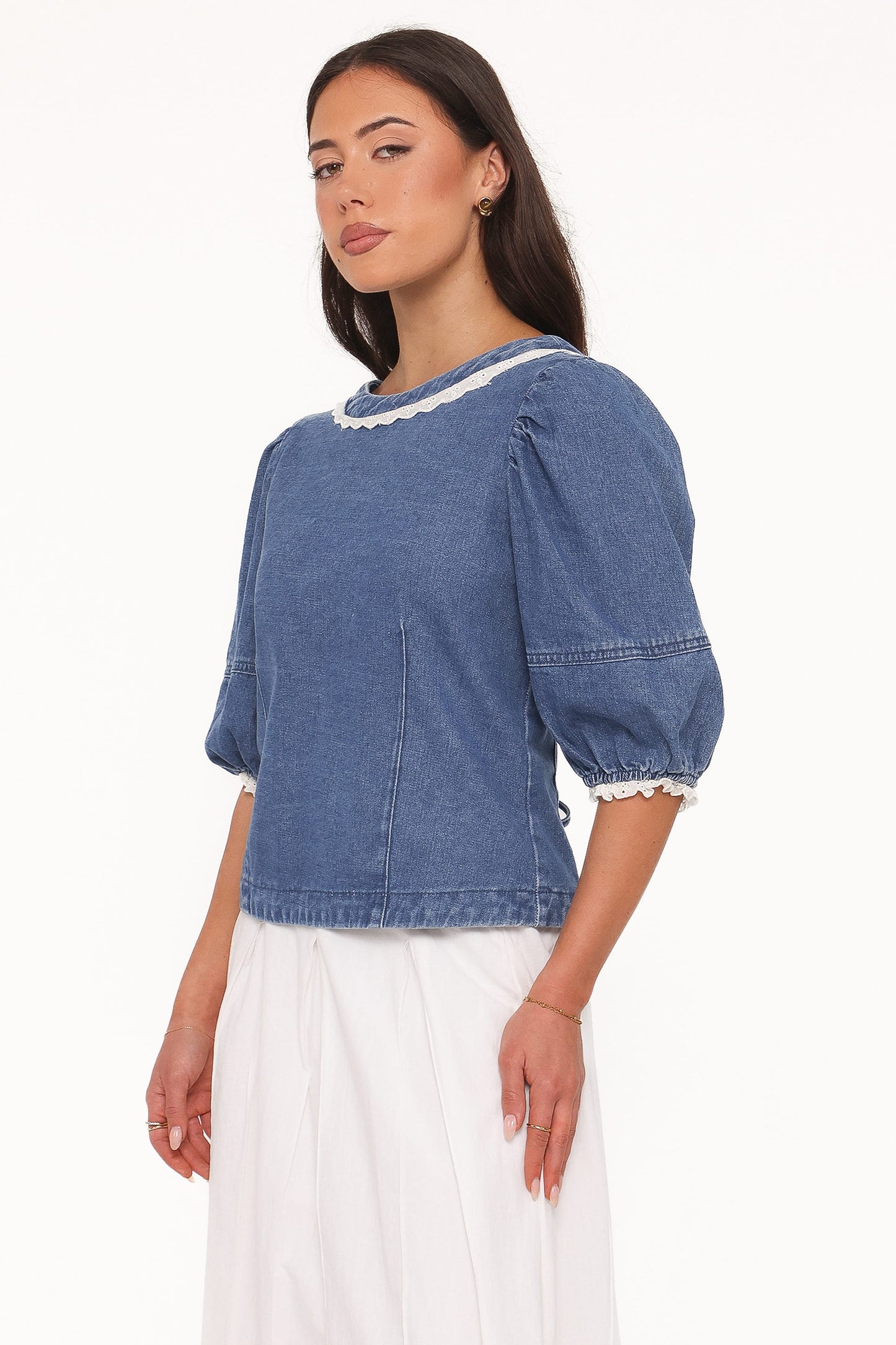 Merli Denim Open Back Top - Blue Medium Wash