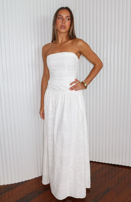 Bittersweet Babe Strapless Broderie Maxi Dress White