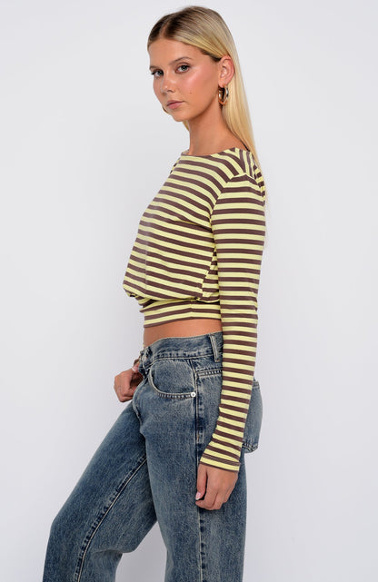Catch My Heart Cinched Waist Long Sleeve Top Chocolate/Banana Stripe