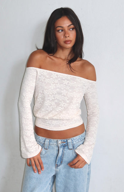 Dancing In The Rain Off Shoulder Long Sleeve Top Cream
