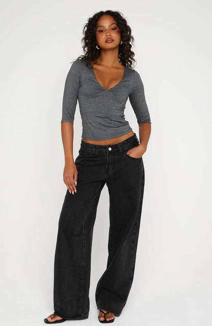 Little Bit Of Everything 3/4 Sleeve V Neck Top Charcoal Marle