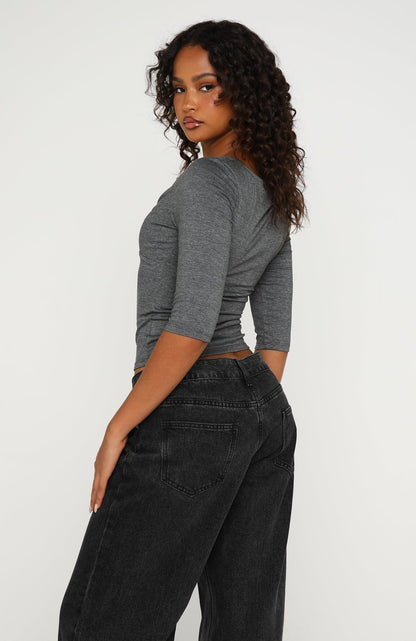 Little Bit Of Everything 3/4 Sleeve V Neck Top Charcoal Marle