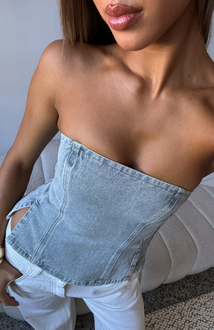 Not Listening Strapless Denim Top Light Blue