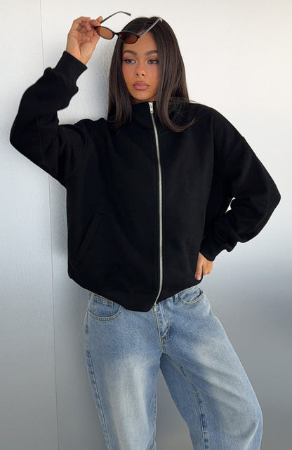 Such A Dream Oversized Zip Front Funnel Neck Jacket Black